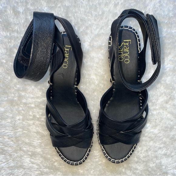 Franco Sarto Carmina espedrille black leather wedge platform ankle strap sandals - Picture 2 of 7